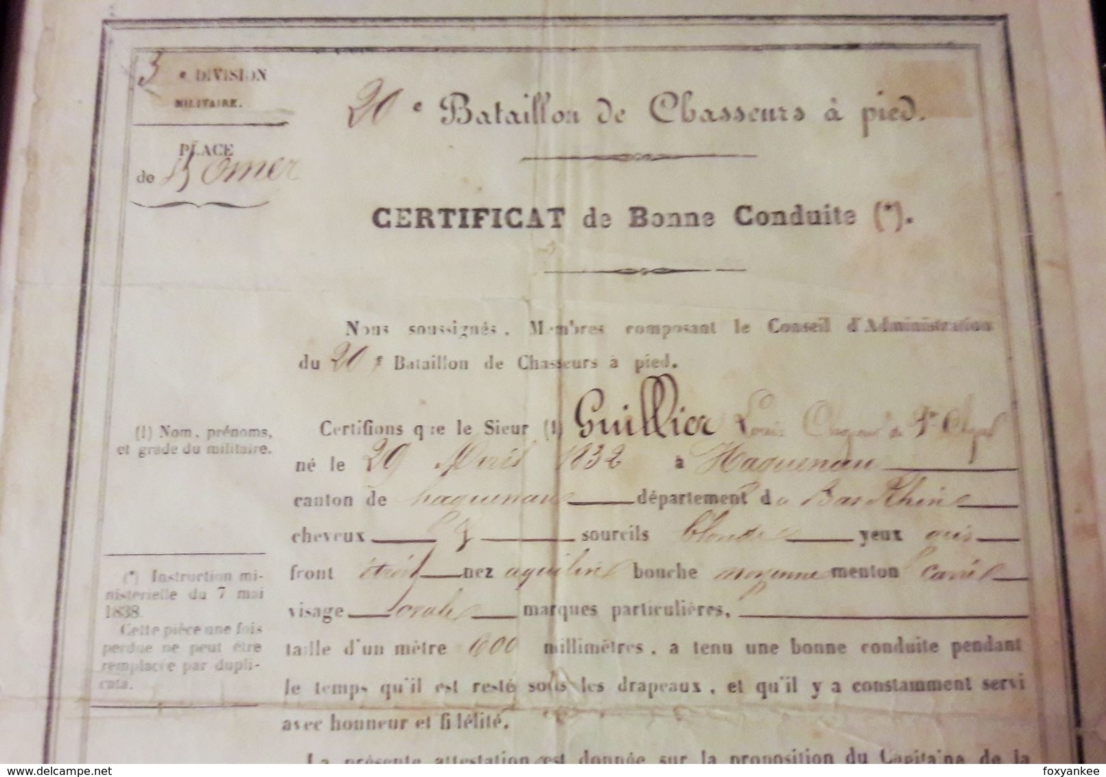 NAPOLEON - MEDAILLE MILITAIRE 2nd TYPE ET CERTIFICAT DE BONNE CONDUITE CHASSEUR A PIED - Avant 1871