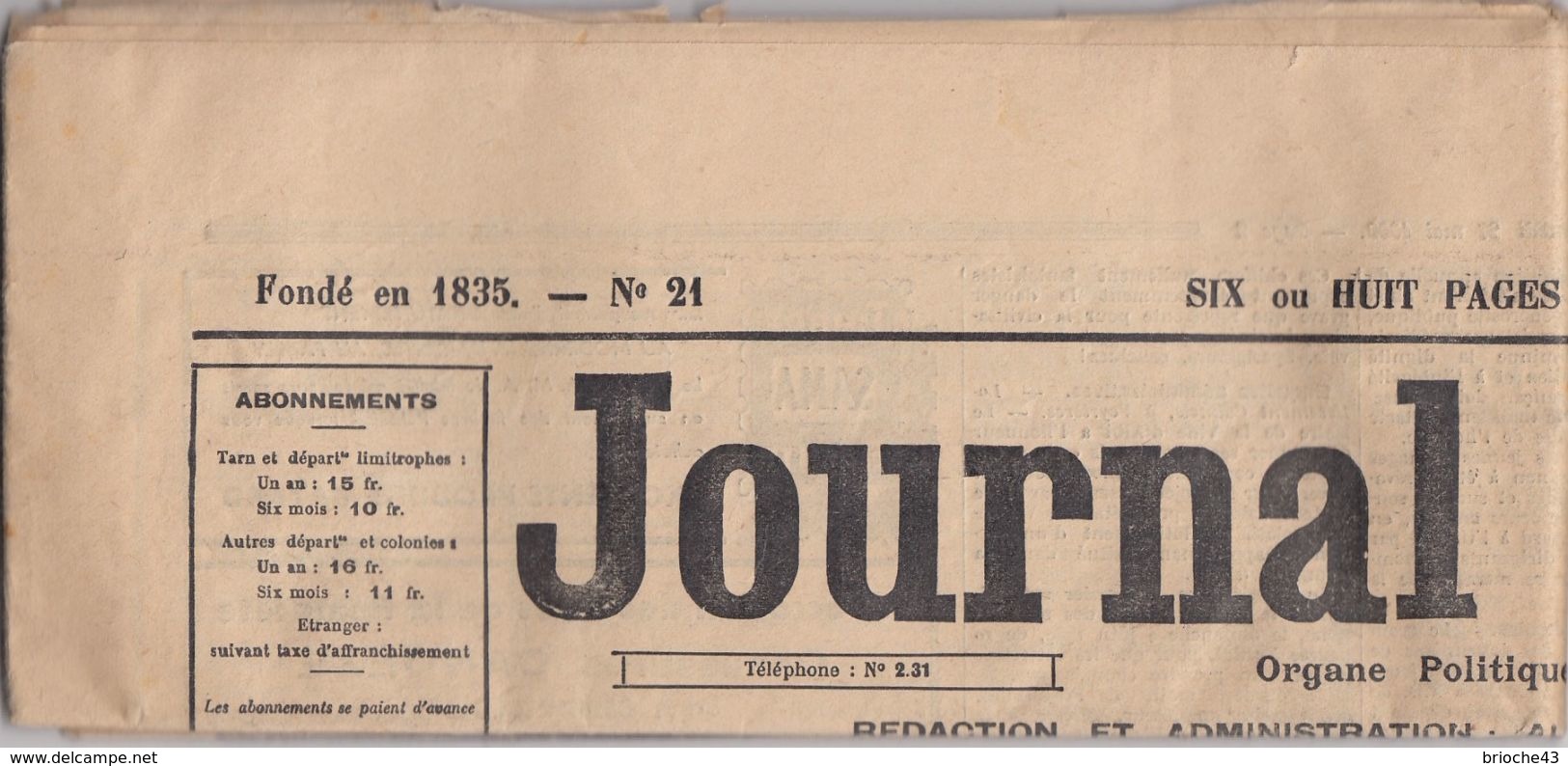 FRANCE - JOURNAL DU TARN N° 21 COMPLET COMME NEUF 6 PAGES - EDITION DU SAMEDI  27 MAI 1939  /TBS - Autres & Non Classés