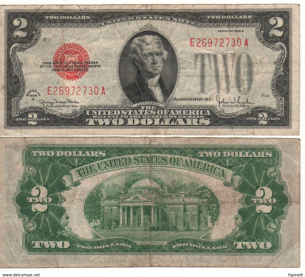 USA   $2 Bill  (dated 1928 G)  ,   RED SEAL      Fr1508       VF - Federal Reserve (1928-...)