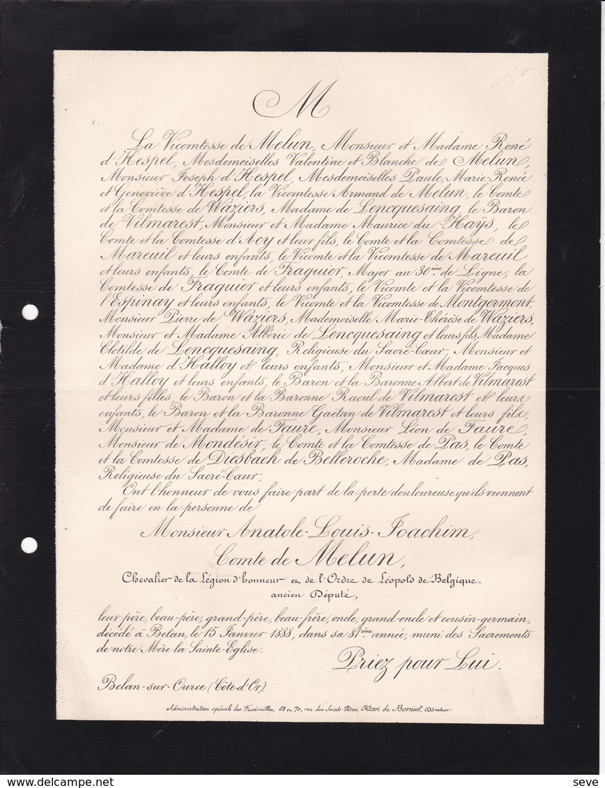 BELAN-sur-OURCE Anatole Comte De MELUN Ancien Député  81 Ans 1888 D'HESPEL De DIESBACH De BELLEROCHE - Décès