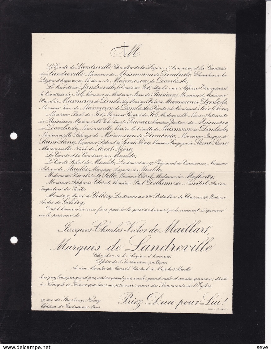 NANCY Jacques-Charles De MAILLART Marquis De LANDREVILLE Ancien Conseiller Général MEURTHE-ET-MOSELLE 95 Ans 1910 - Esquela