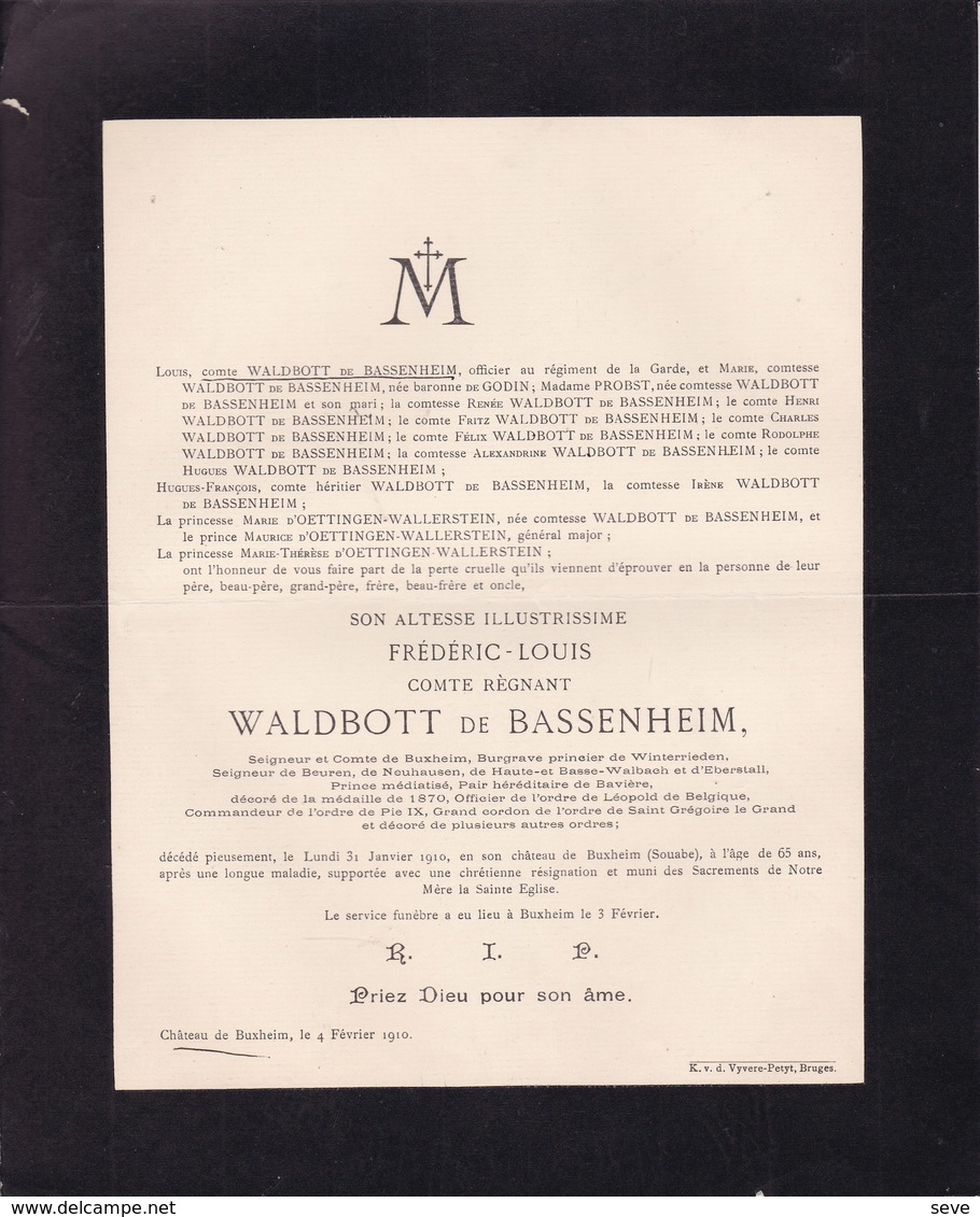 Château De BUXHEIM SOUABE Frédéric-Louis Comte WALDBOTT De BASSENHEIM  65 Ans 1910 - Décès