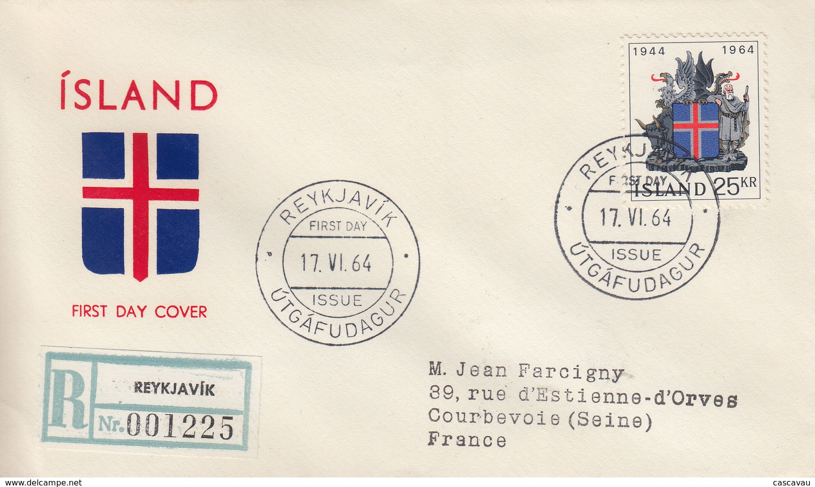 Enveloppe   Recommandée  FDC  1er  Jour     ISLANDE    20éme  Anniversaire  De   La  République   1964 - FDC