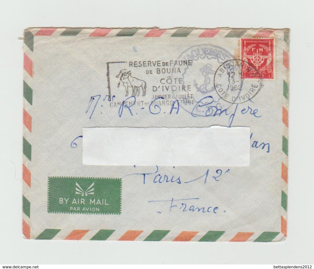 LSC 1962 - Cachet Ancre Marine Et Cachet Abidjan Et Flamme Sur Timbre FM - Côte D'Ivoire (1960-...)