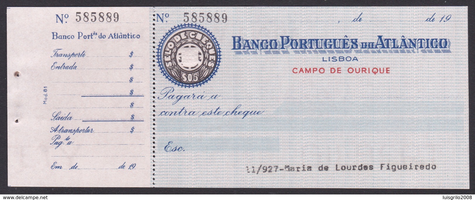 Bank Check/ Chèque Bancaire - BANCO PORTUGUÊS DO ATLÂNTICO - Lisboa, Portugal - Chèques & Chèques De Voyage