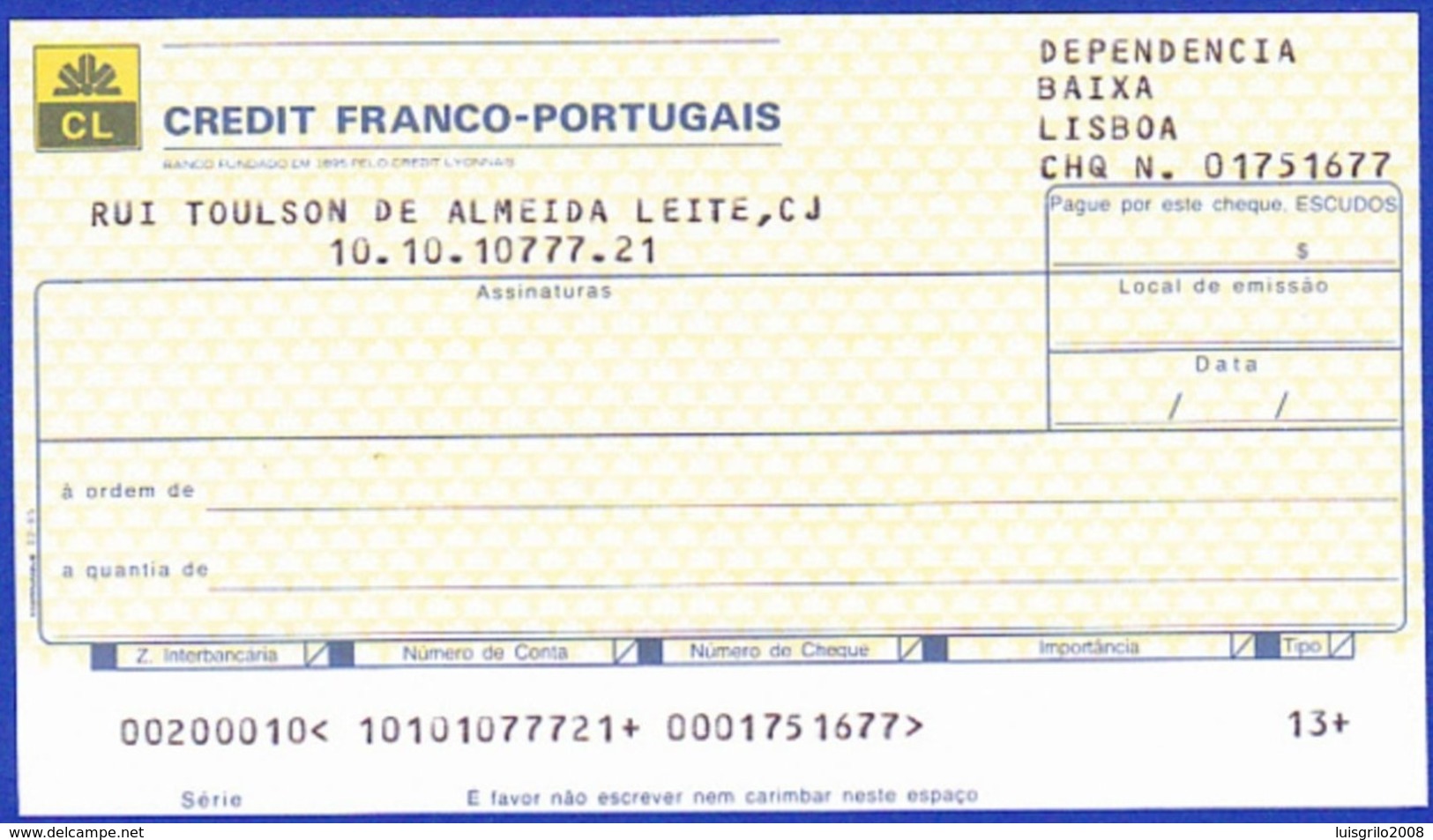 Bank Check/ Chéque Bancaire - CREDIT FRANCO PORTUGAIS - Lisboa, Portugal - Cheques & Traveler's Cheques