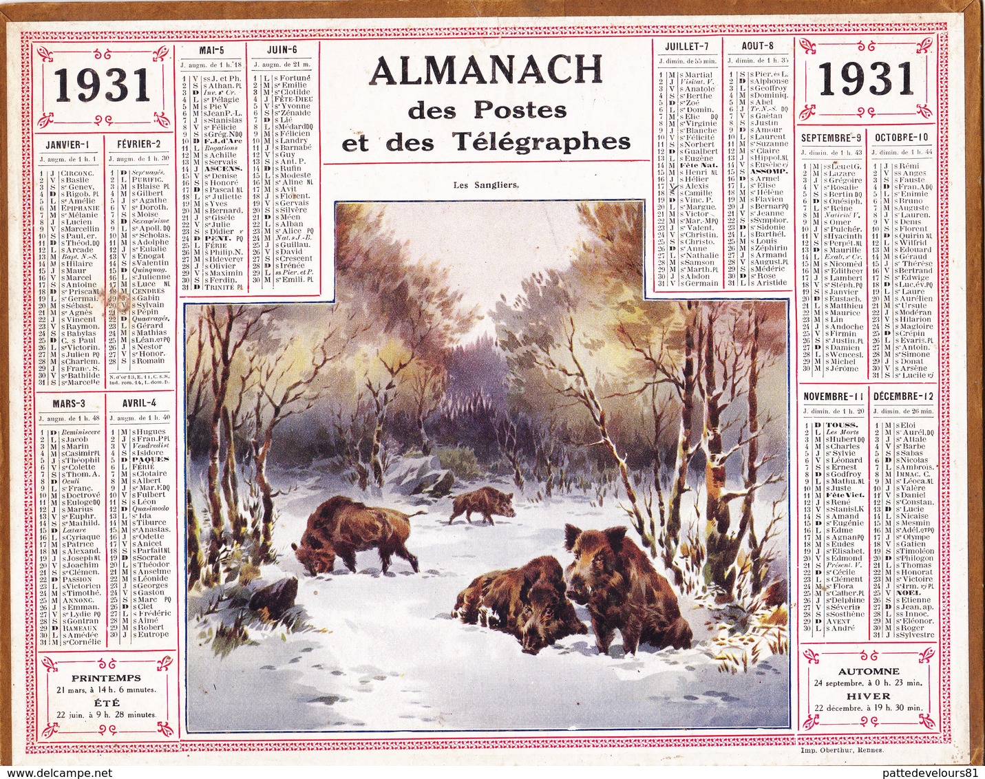 CALENDRIER ALMANACH D' EPOQUE Année 1925 Format 21 X 26 Complet Sanglier Boar Carte De La Haute Garonne 31 - Small : 1901-20