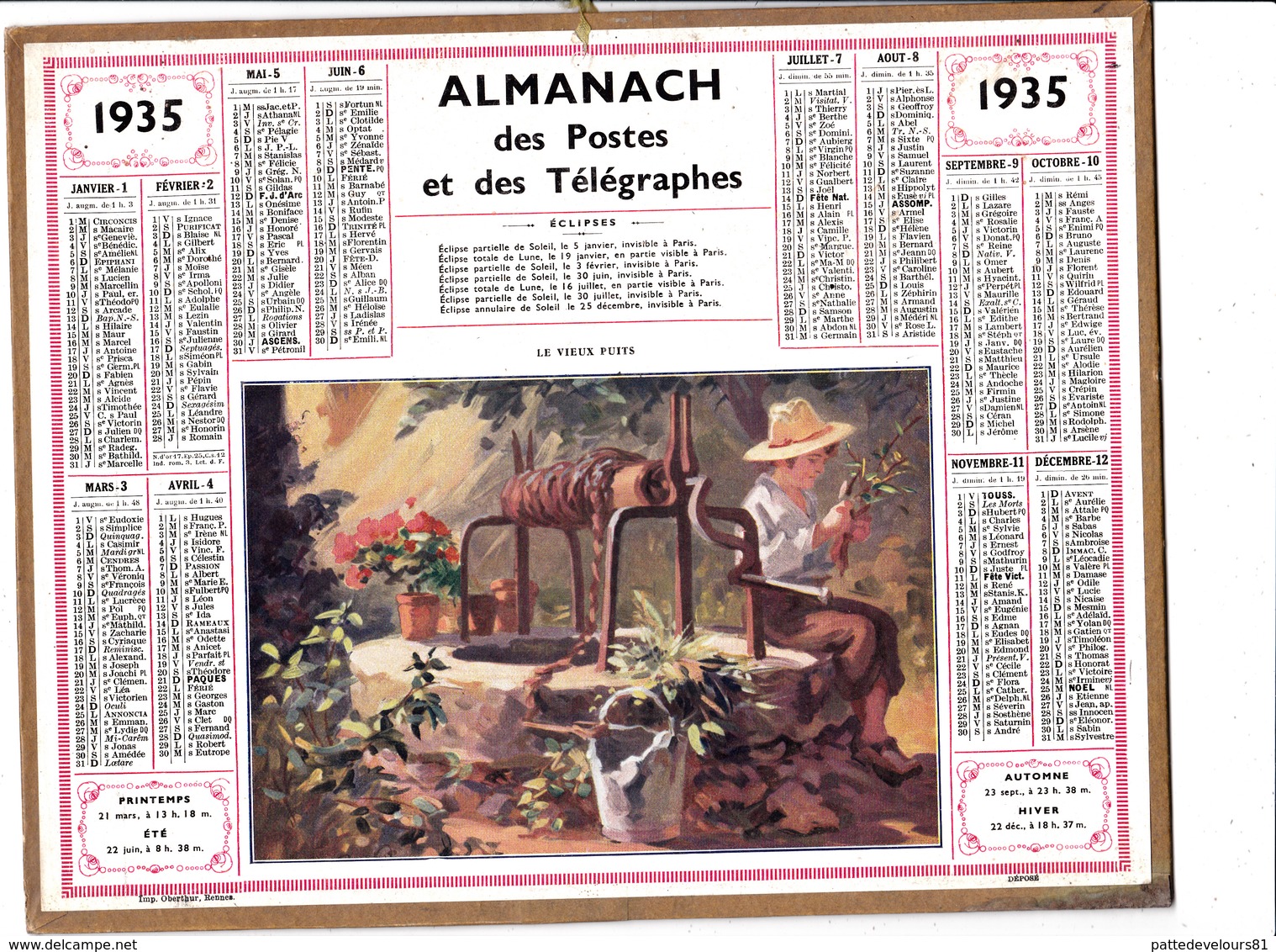 CALENDRIER ALMANACH D' EPOQUE Année 1935 Format 21 X 26 Complet Le Vieux Puits Carte De La Haute Garonne 31 - Petit Format : 1901-20