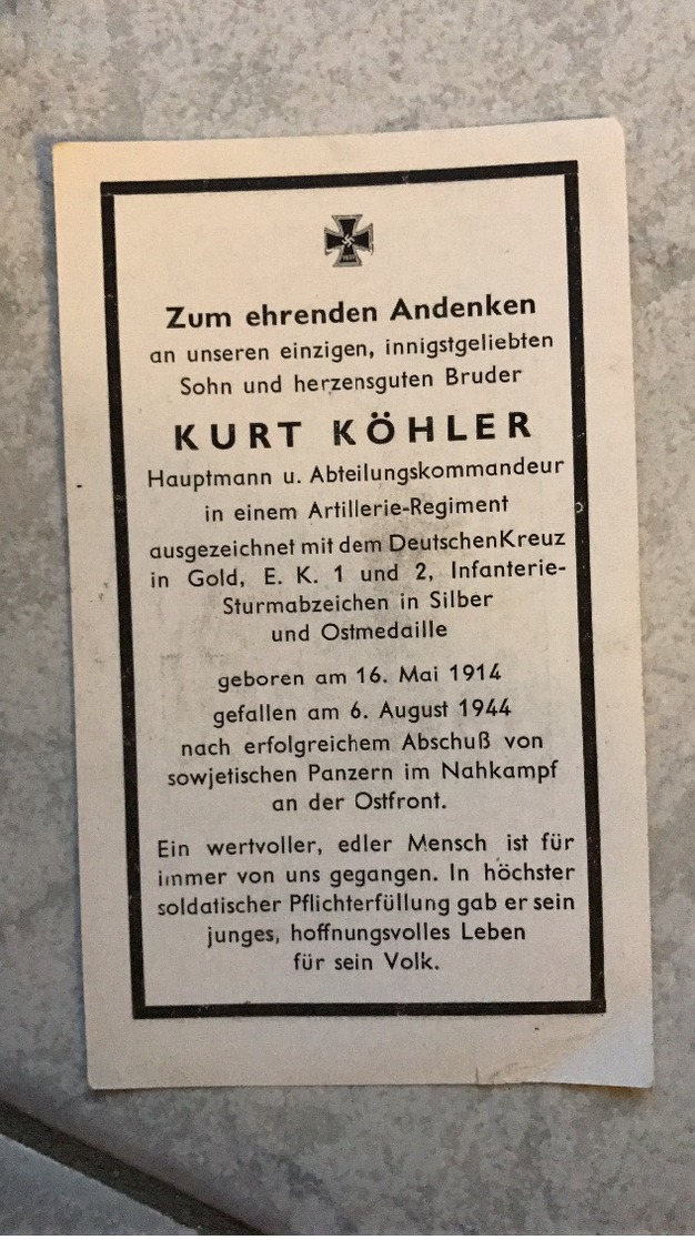 Sterbebild Bild Gefallener Soldat DKiG EK1 & 2 Träger Hauptmann Artillerie Reg. Ostfront - 1939-45