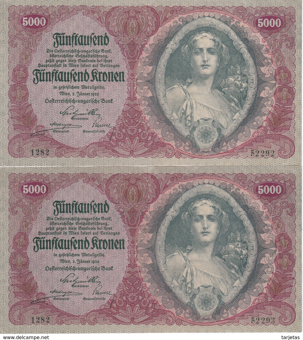 PAREJA CORRELATIVA DE AUSTRIA DE 5000 KRONEN DEL AÑO 1922 CALIDAD EBC (XF)  (BANK NOTE) (RARO) - Austria