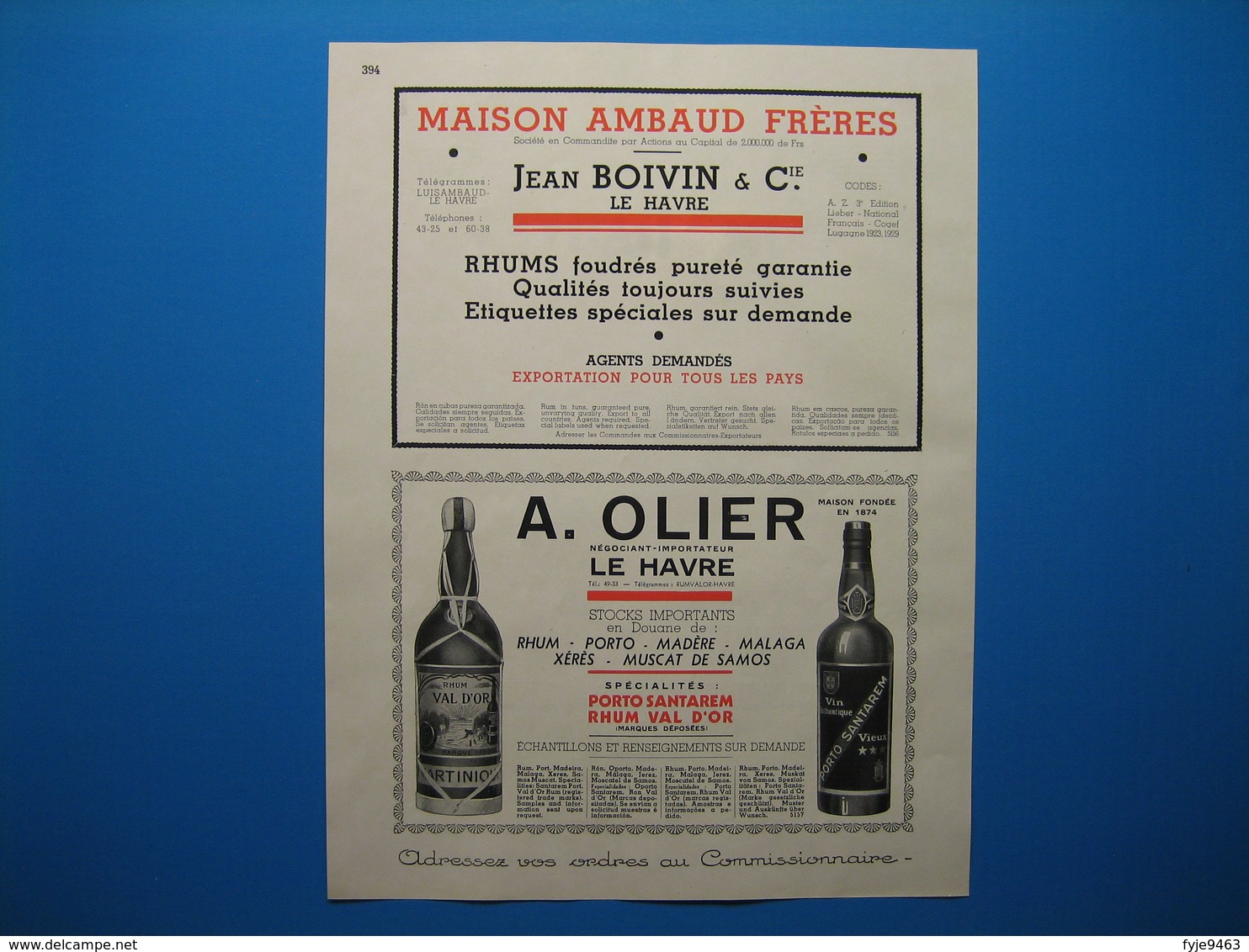 (1931) Importateurs De Rhums Au Havre : CHAUVET -- JEAN BOIVIN & Cie -- A. OLIER - Non Classificati