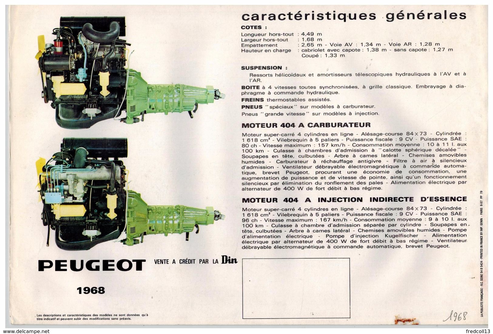 PEUGEOT 404 COUPE ET CABRIOLET CATALOGUE 8 PAGES 1968 Format A4 FRANCE - Publicités