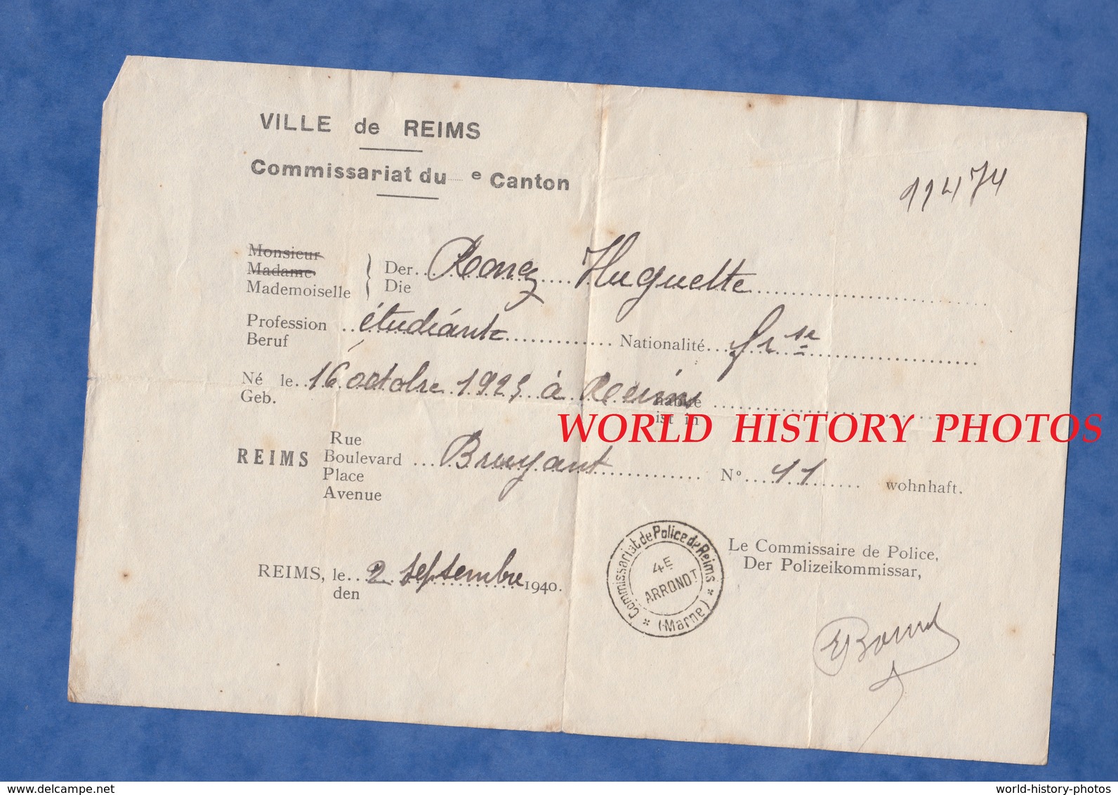 Document Ancien D'identité - REIMS ( Marne ) - Septembre 1940 - Huguette RONEZ - Occupation - Commissariat De Police WW2 - Documents Historiques