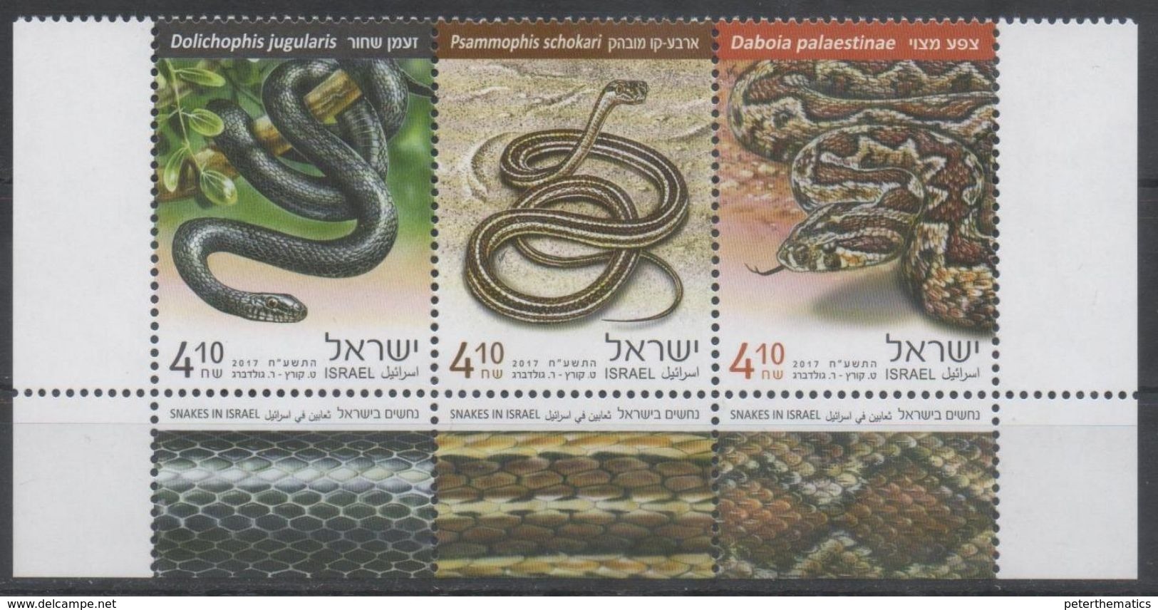 ISRAEL , 2017, MNH, REPTILES, SNAKES,3v+ TAB - Snakes