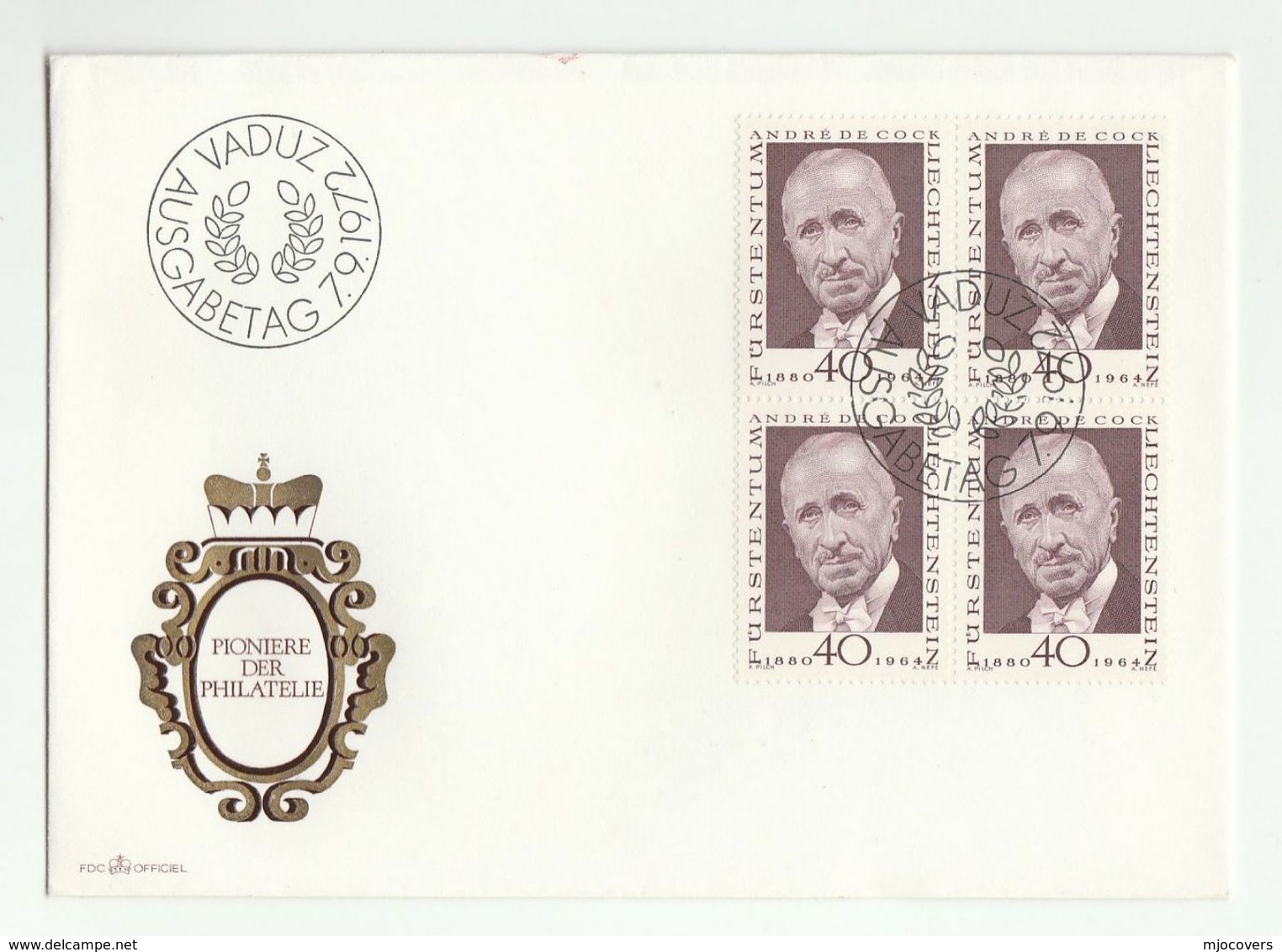 1972 Liechtenstein FDC Block 4x Andre De Cock PHILATELY PIONEER Stamps Cover - Other & Unclassified