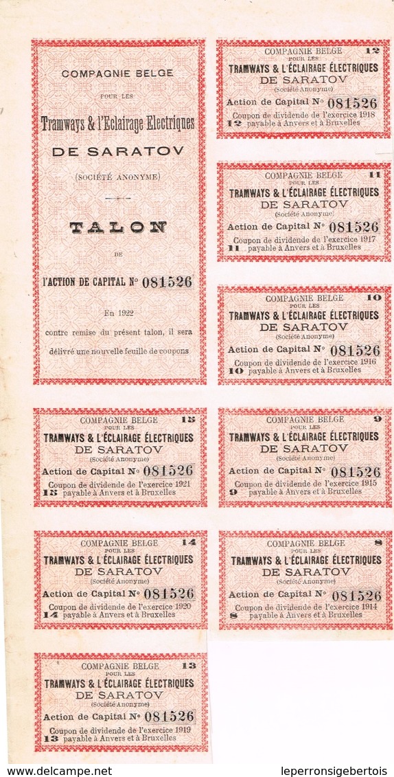 Action Ancienne - Compagnie Belge Pour Les Tramways Et L' Eclairage Electrique De Saratov - Titre De 1907 - - Ferrocarril & Tranvías