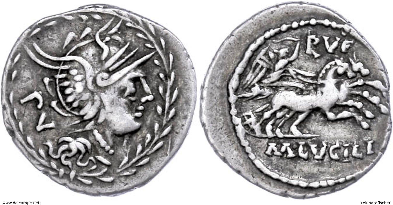 19 Marcus Lucilius Rufus, Denar (3,82g), 101 V. Chr., Rom. Av: Romakopf Mit Flügelhelm Nach Rechts, Dahinter "PV". Rev:  - Röm. Republik (-280 / -27)