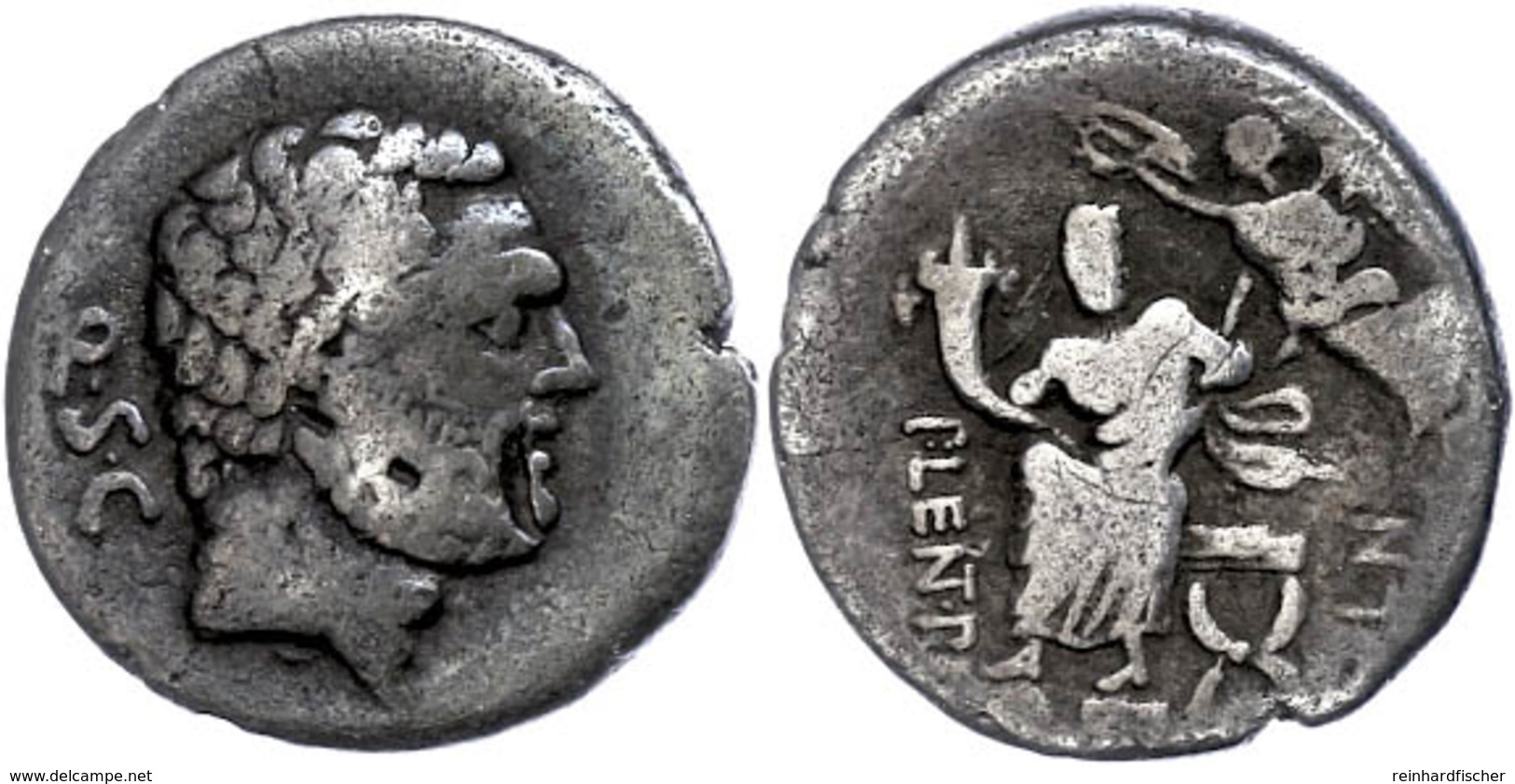 20 P. Cornelius Lentulus Spinther, Denar (3,53g), 74 V. Chr., Rom. Av: Bärtiger Herkuleskopf Nach Rechts, Dahinter "Q∙S∙ - Republic (280 BC To 27 BC)