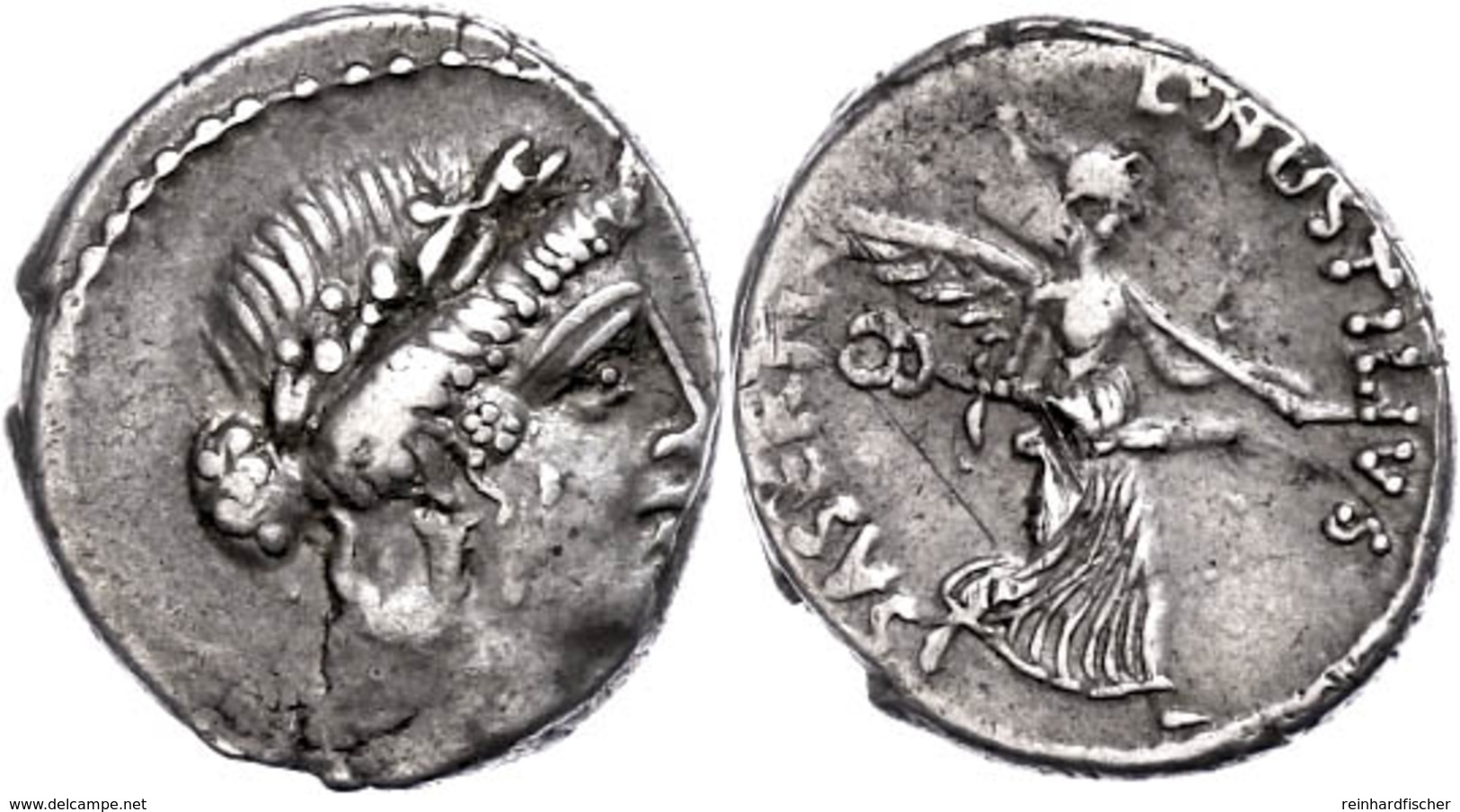 21 L. Hostilius Saserna, Denar (3,99g), 48 V. Chr., Rom. Av: Venuskopf Nach Rechts. Rev: Victoria Mit Caduceus Und Tropa - Röm. Republik (-280 / -27)