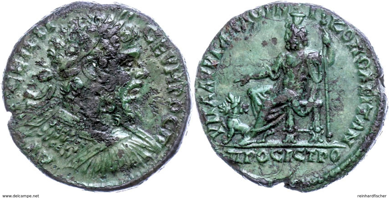 56 Moesia Inferior, Nikopolis, Æ (12,24g), Septimius Severus, 193-211. Av: Büste Nach Rechts, Darum Umschrift. Rev: Thro - Röm. Provinz