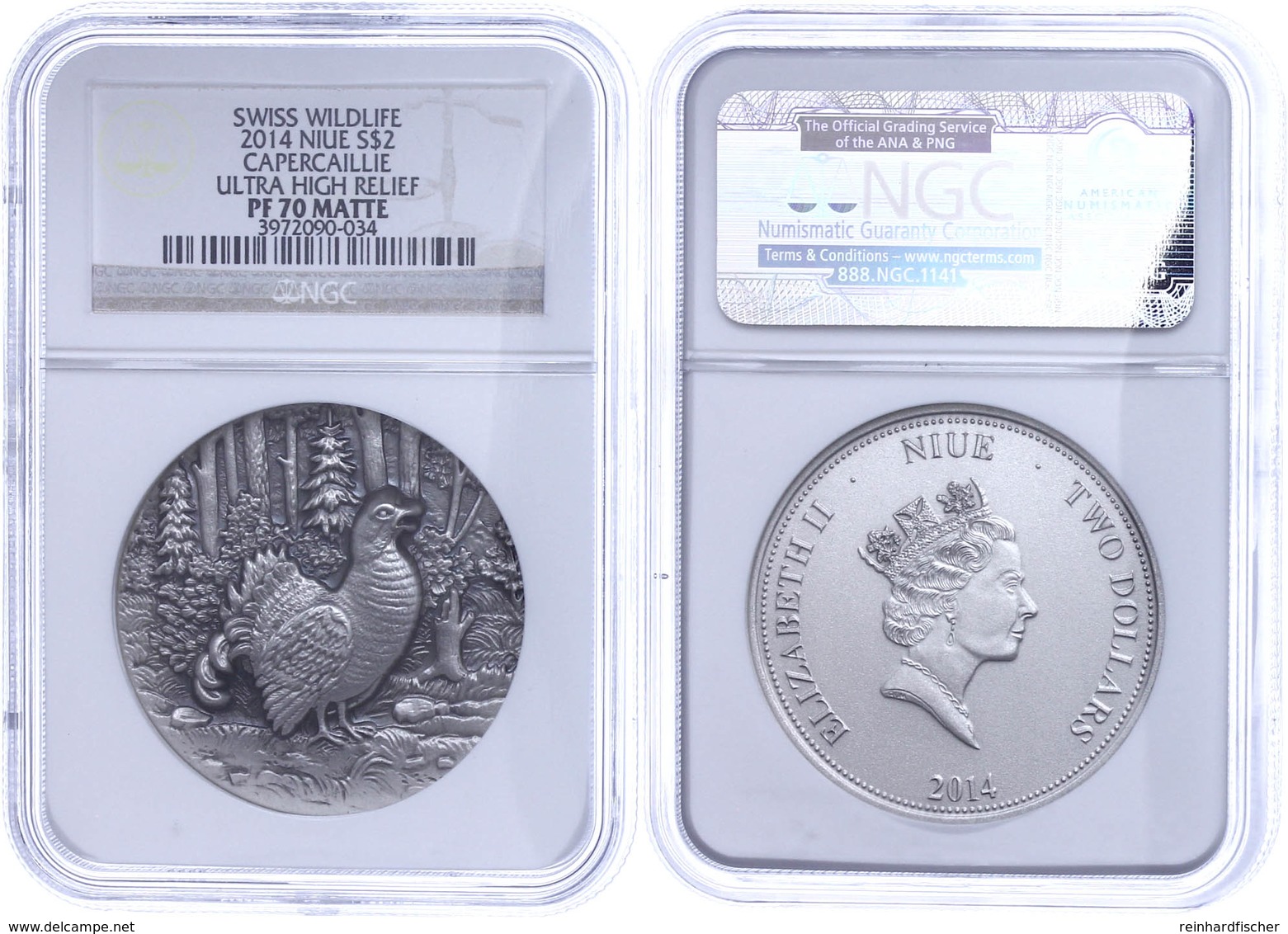 662 2 Dollars, 2014, Swiss Wildlife-Auerhahn, In Slab Der NGC Mit Der Bewertung PF 70 Matte, Ultra High Relief. - Niue