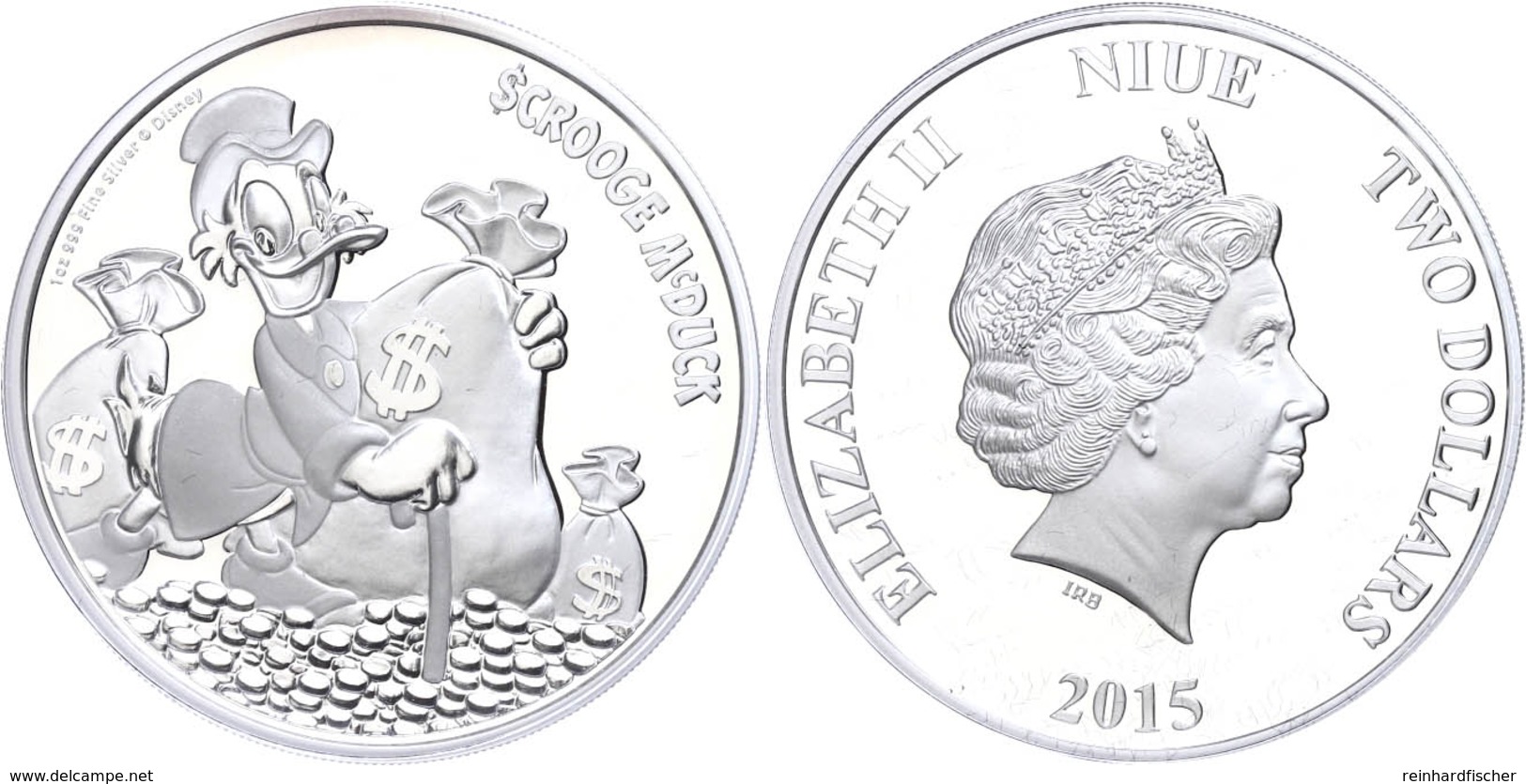 679 2 Dollars, 2015, Disney - Dagobert Duck, 1 Unze Silber, Etui Mit OVP Und Zertifikat, PP. Auflage Nur 10.000 Stück.   - Niue