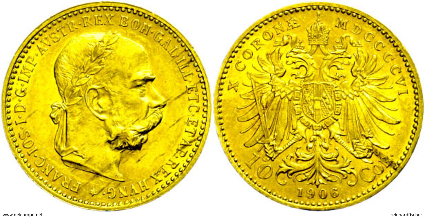 710 10 Kronen, Gold, 1906, Franz Joseph I., Fb. 506, Winz. Rf., Etw. Fleckig, Vz.  Vz - Austria