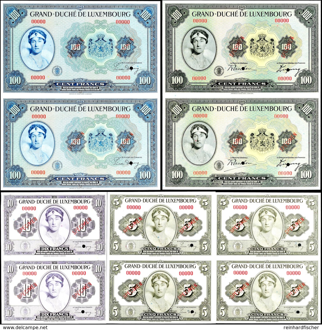 1137 Luxemburg, 4 X 5 Francs O.J. (1944), 4 X 10 Francs O.J. (1944), 2 X 100 Francs O.J. (1934), 2 X 100 Francs O.J. (19 - Other & Unclassified