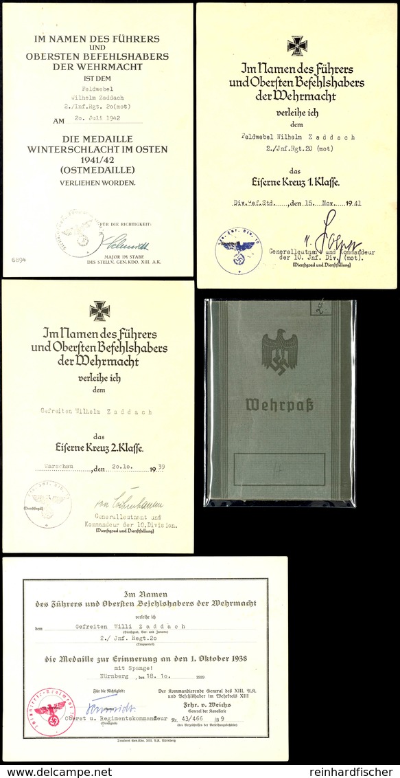 1227 Kleine Dokumentengruppe Zaddach Feldwebel 2. Infanterie Regiment 20 (mot), Dabei Wehrpass Mit Diversen Eintragungen - Documents