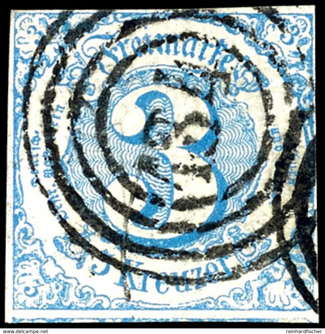 1552 3 Kr. Blau, Zentrisch Gestempelt Mit Vierringstempel 134 Von Mainz, Allseits Voll- Bis überrandig Mit Teil Der Unte - Sonstige & Ohne Zuordnung