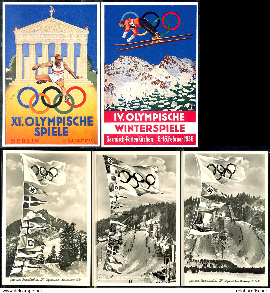 2962 1936, Lot Mit 2 Color Und 3 S/w Karten, Dabei XI. Olympische Spiele Berlin, IV. Oly.-Winterspiele Garmisch - Parten - Other & Unclassified