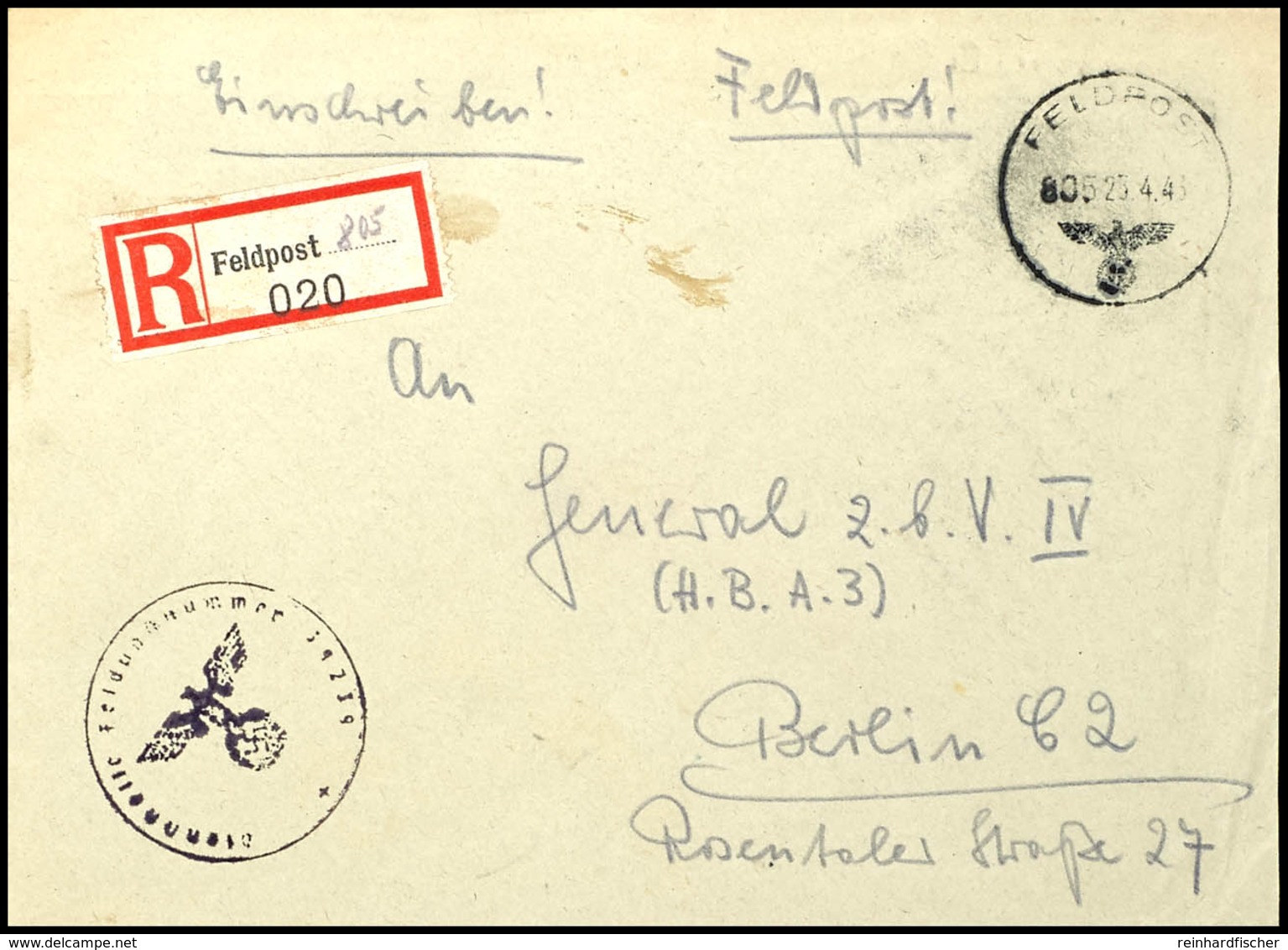 4804 1943, Feldpost-R-Brief Mit Norm-Stpl. "805 23.4.43" Und Feldpost-R-Zettel Mit K-Nr. 805 (= Feldpostamt 190 In Tunis - Other & Unclassified