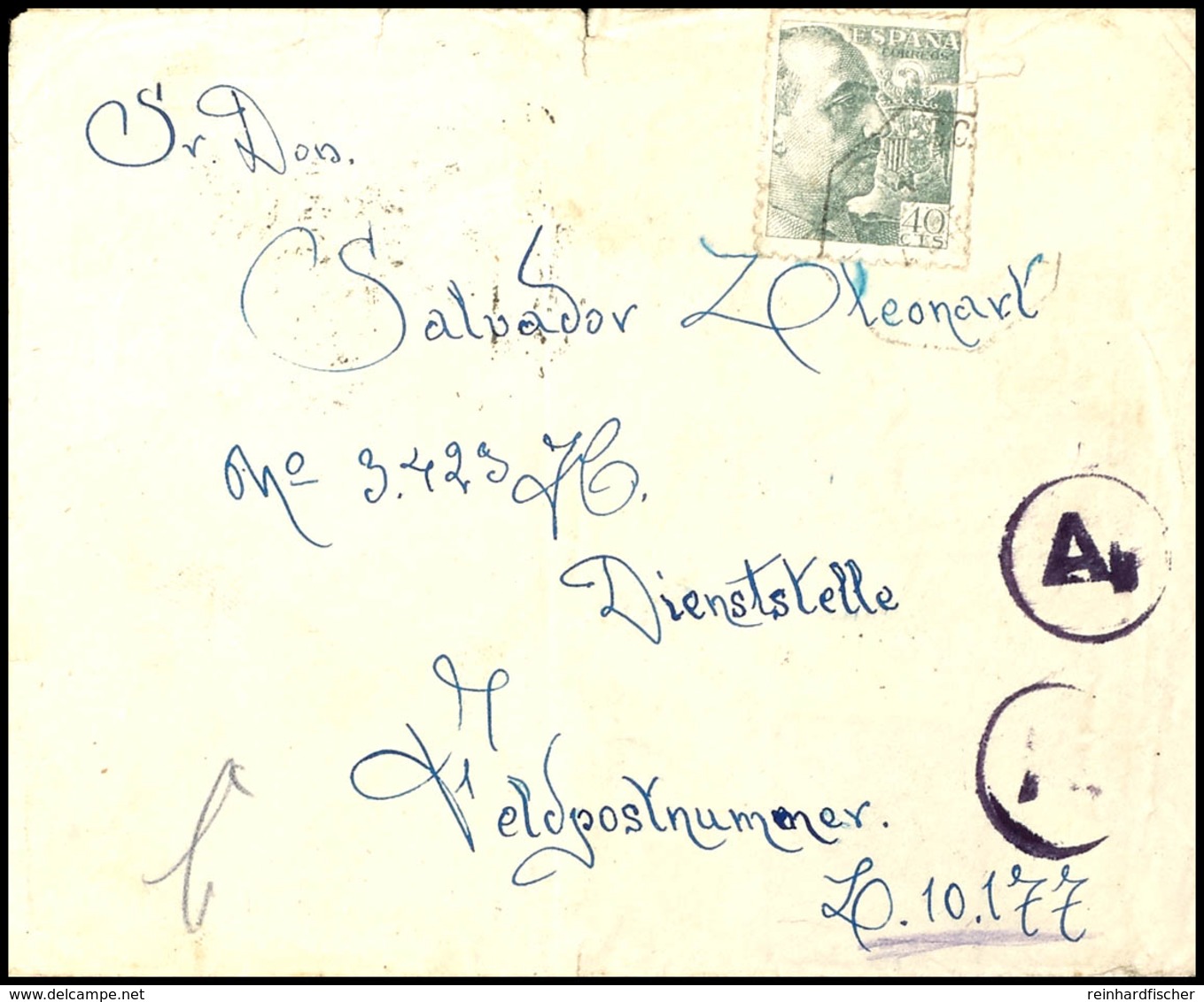 4822 1943, Spanischer Arbeiter In Der Wehrmacht, Brief Vom Januar 1943 Mit Spanischer Frankatur über 40 CTS, Die Aber Ni - Other & Unclassified