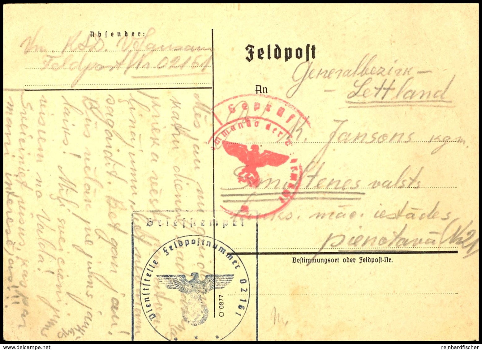 4839 Letten In Der Wehrmacht: 1943, Feldpostkarte Mit Absendervermerk Und Briefstempel Mit Feldpostnummer "02131" (= RAD - Other & Unclassified