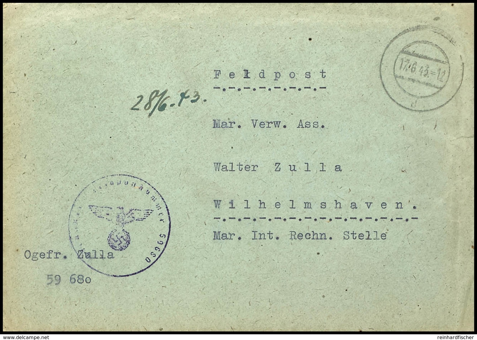 4846 Russen In Der Wehrmacht: 1943, Dt. Rahmenpersonal, Brief Mit Aptiertem Poststempel Vom 17.6. Sowie Absendervermerk  - Other & Unclassified