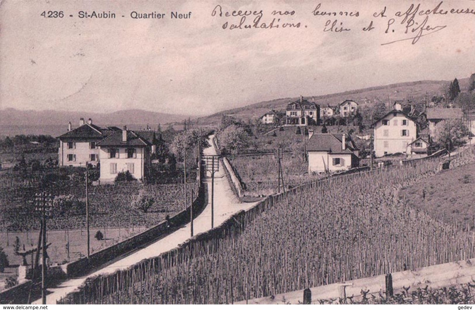 St Aubin, Quartier Neuf + Cachet Linéaire St AUBIN (27.7.1910) - Saint-Aubin/Sauges