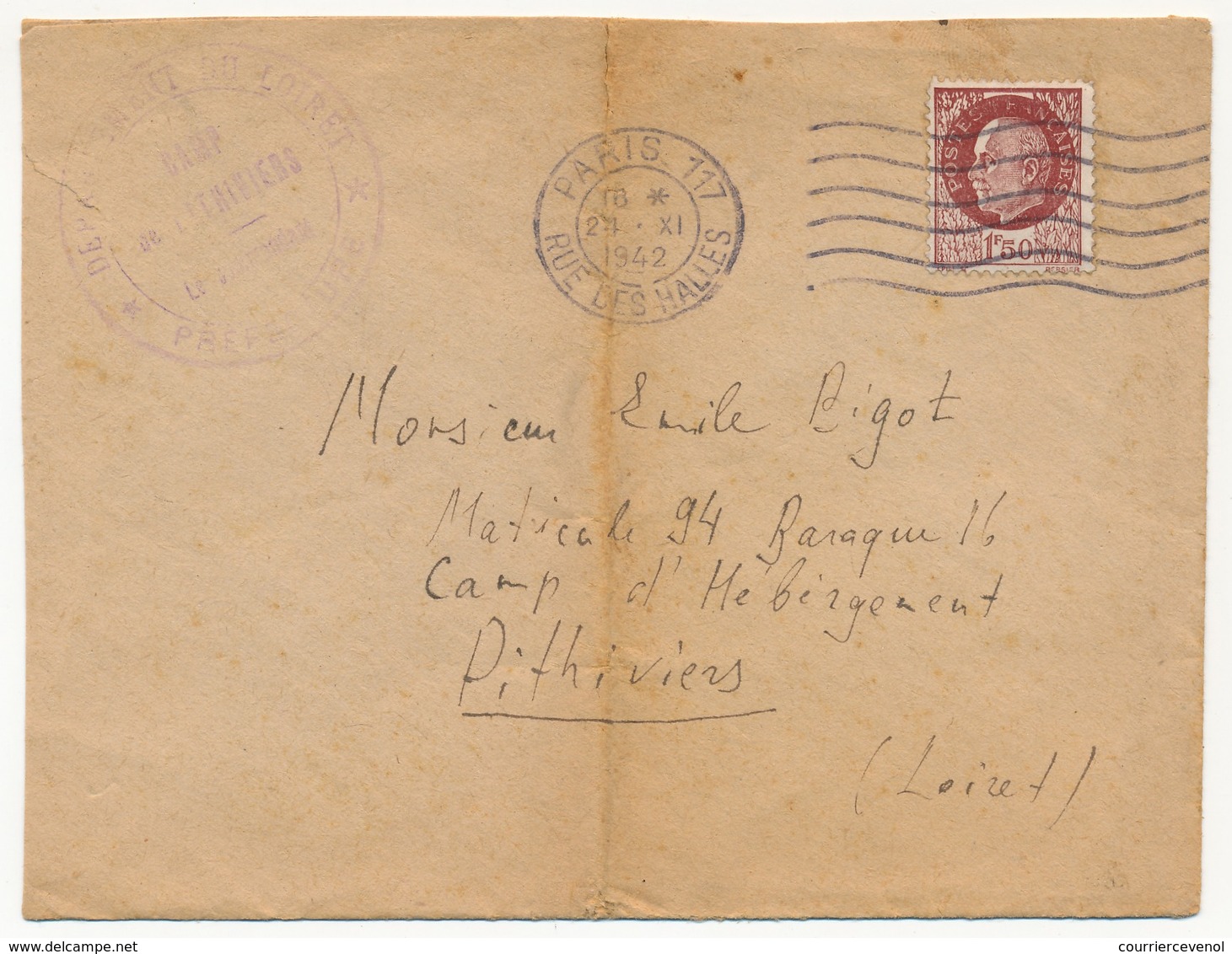 FRANCE - Enveloppe Adressée Au Camp D'Hébergement De PITHIVIERS (Loiret) En 1942 - Lettres & Documents