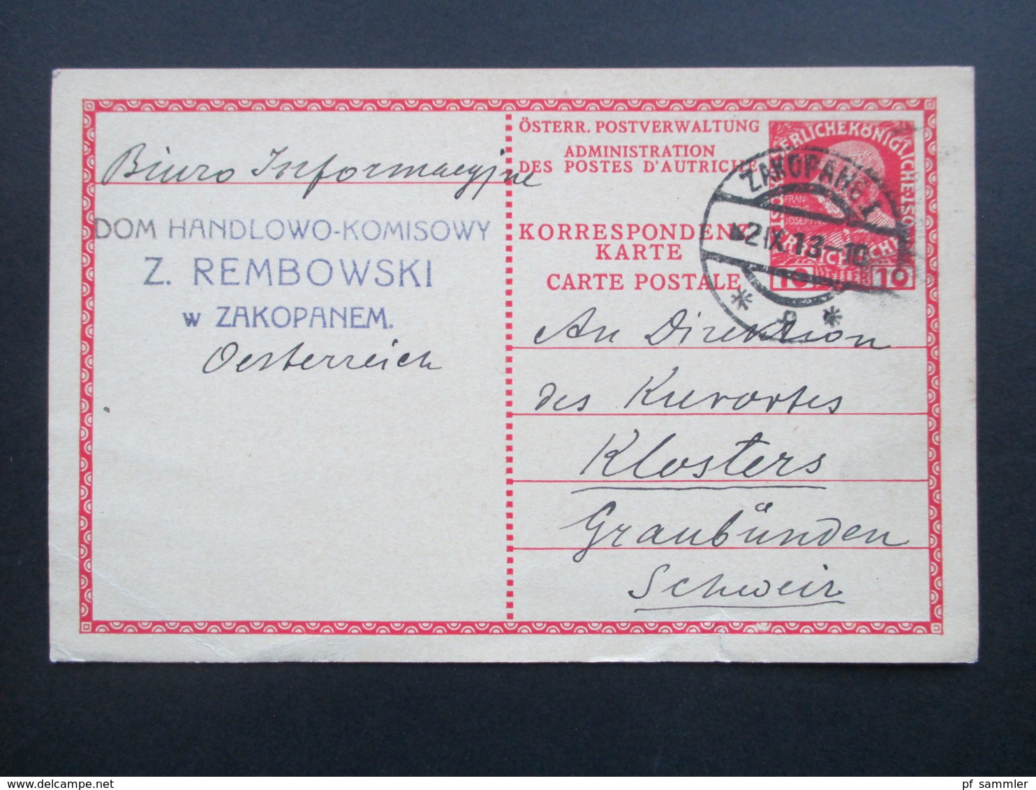 Österreich 1913 Ganzsache. Stempel Zakopane 1. Dom Handlowo Komisowy Z. Rembowski W Zakopanem - Briefe U. Dokumente