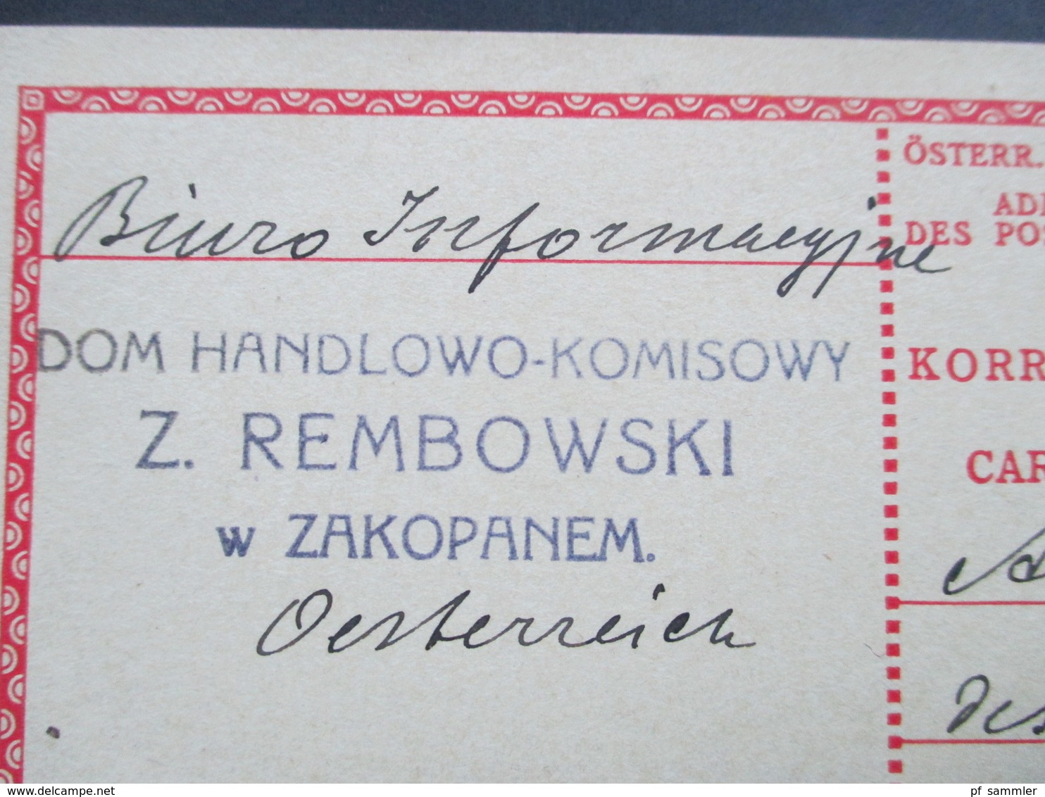 Österreich 1913 Ganzsache. Stempel Zakopane 1. Dom Handlowo Komisowy Z. Rembowski W Zakopanem - Briefe U. Dokumente