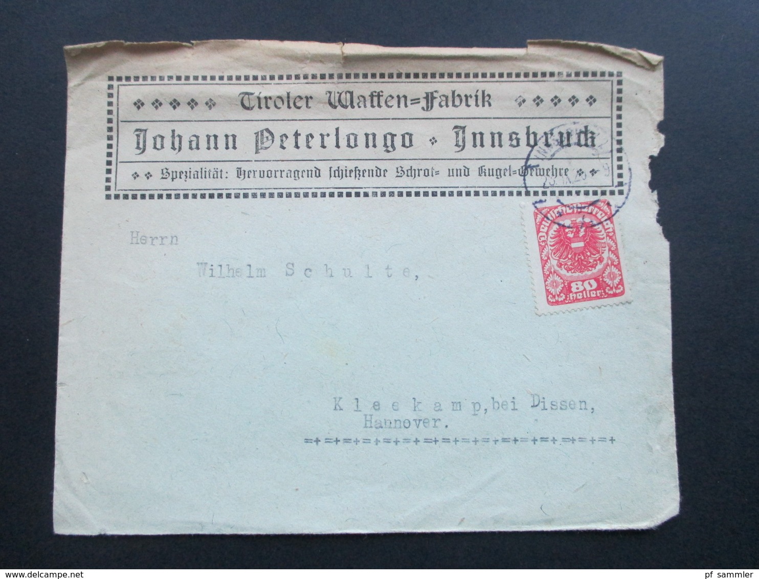 Österreich 1920 Firmenbrief Tiroler Waffen Fabrik Johann Peterlongo. Hervoragend Schießende Schrot Und Kugel Gewehre - Covers & Documents