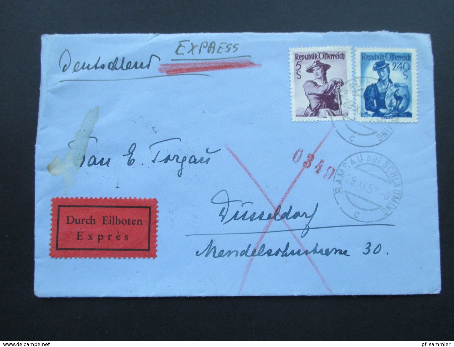 Österreich 1953 Trachten MiF Nr. 920 / 925 Eilboten / Expres Brief Nach Düsseldorf. Bahnpost München Salzburg Zug 00032 - Lettres & Documents