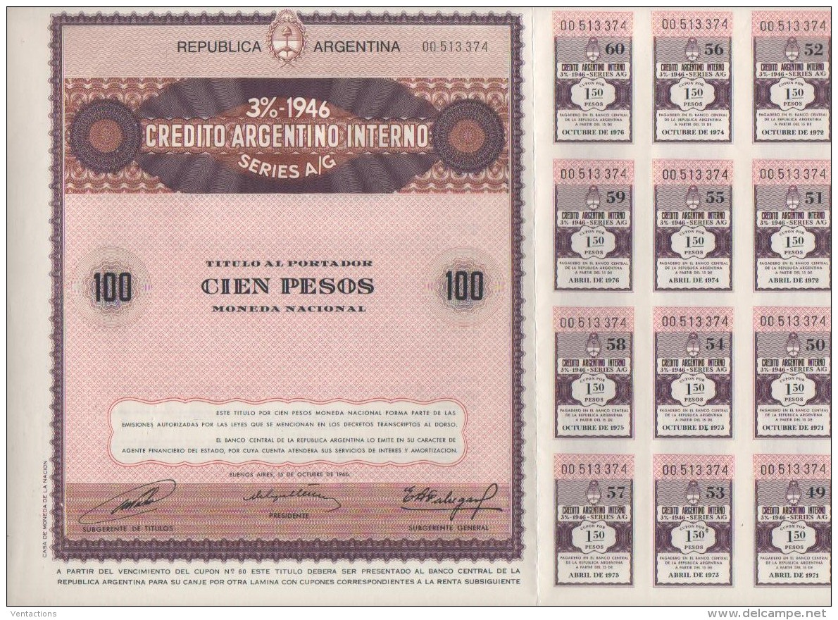 ARGENTINE-CREDITO ARGENTINO INTERNO 3% 1946  100 Pesos - Other & Unclassified