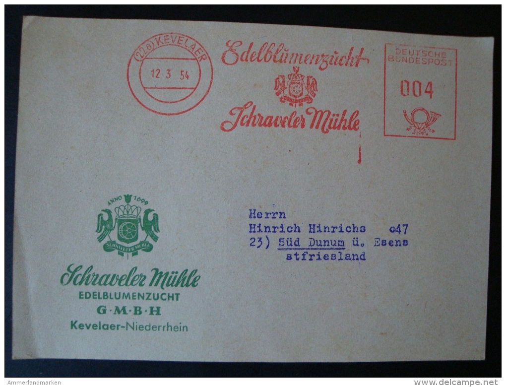 Werbekarte Freistempler, Schraveler Mühle, Edelbumenzucht, Kevelaer, Gelaufen 1954 - Lettres & Documents