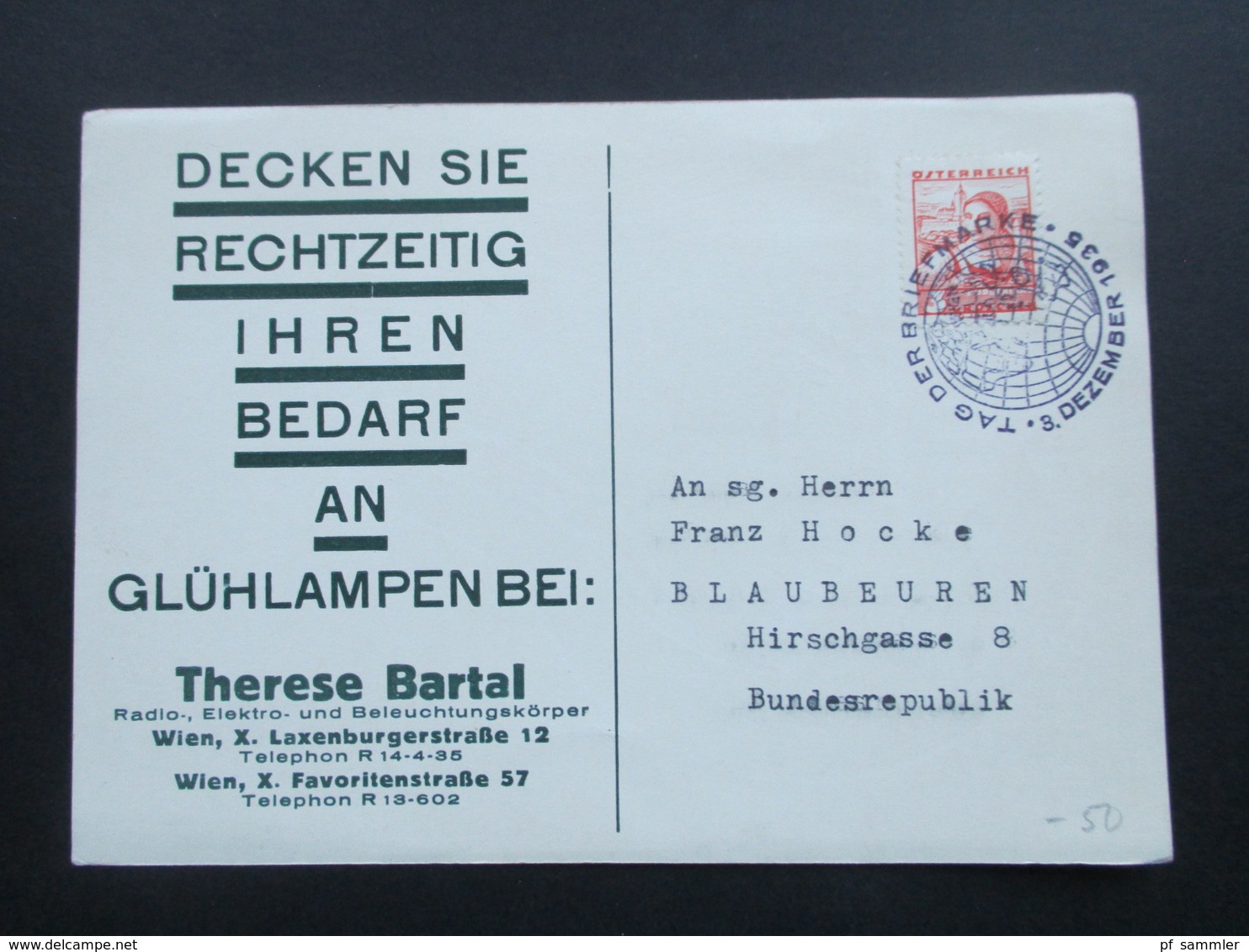 Werbekarte 1935 Glühlampen Fulgui. Sonderstempel Tag Der Briefmarke 3. Dezember 1935 ?! Eventl. Später Verwendet! - Werbepostkarten