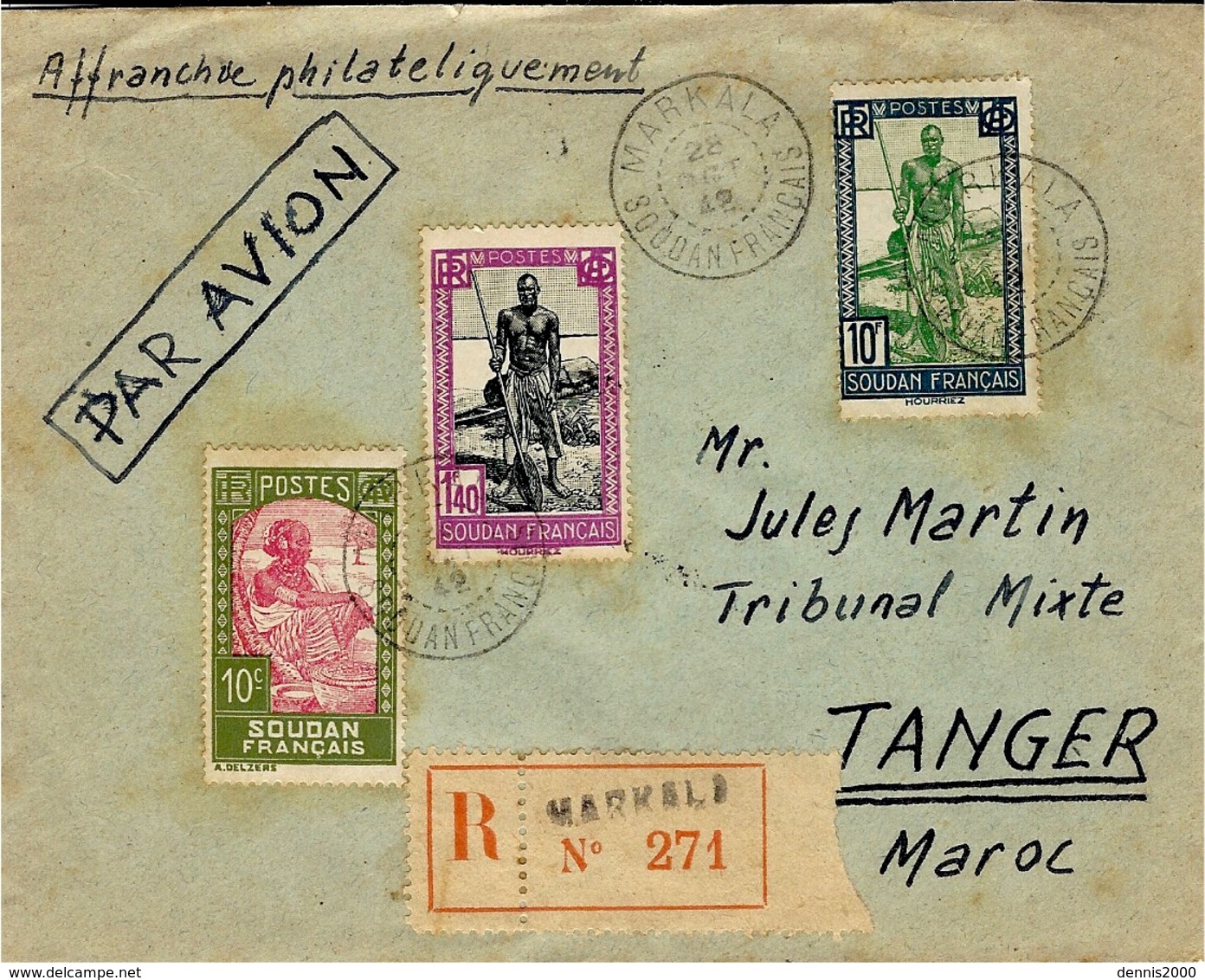 1942- Enveloppe RECC. Par Avion  De MARKALA ( Soudan ) Affr. à 11,50 F  Pour Tanger - Sonstige & Ohne Zuordnung