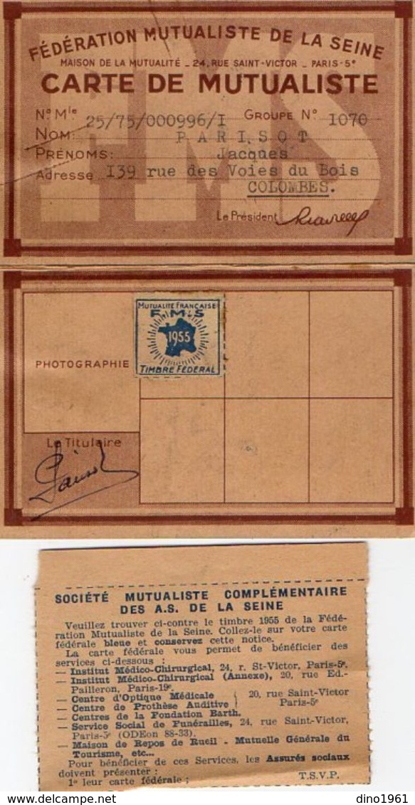 VP11.892 - 1955 - PARIS - Fédération Mutualiste De La Seine - Carte De Mutualiste Mr J.PARISOT à COLOMBES - Autres & Non Classés