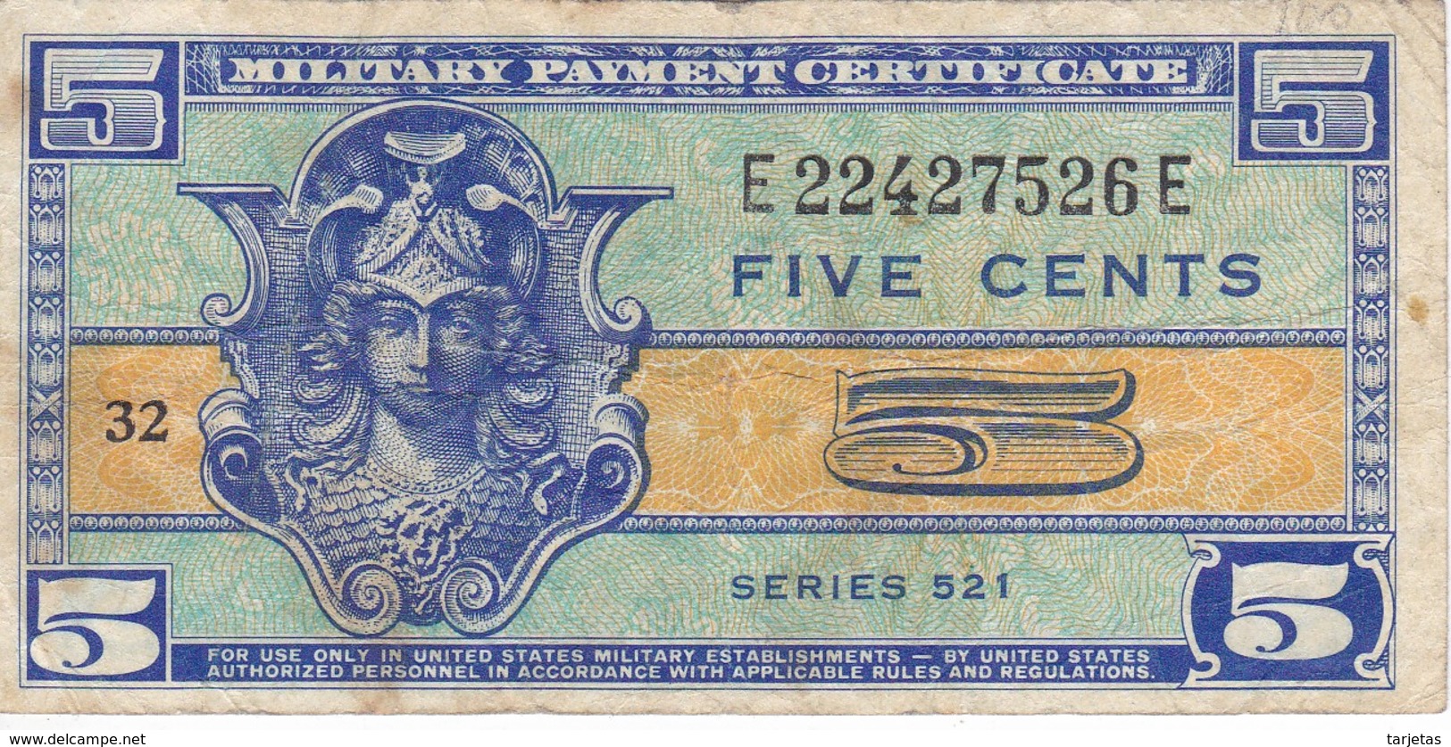 BILLETE DE ESTADOS UNIDOS DE 5 CENTS MILITARY PAYMENT CERTIFICATE SERIE 521  (BANK NOTE) - 1954-1958 - Reeksen 521