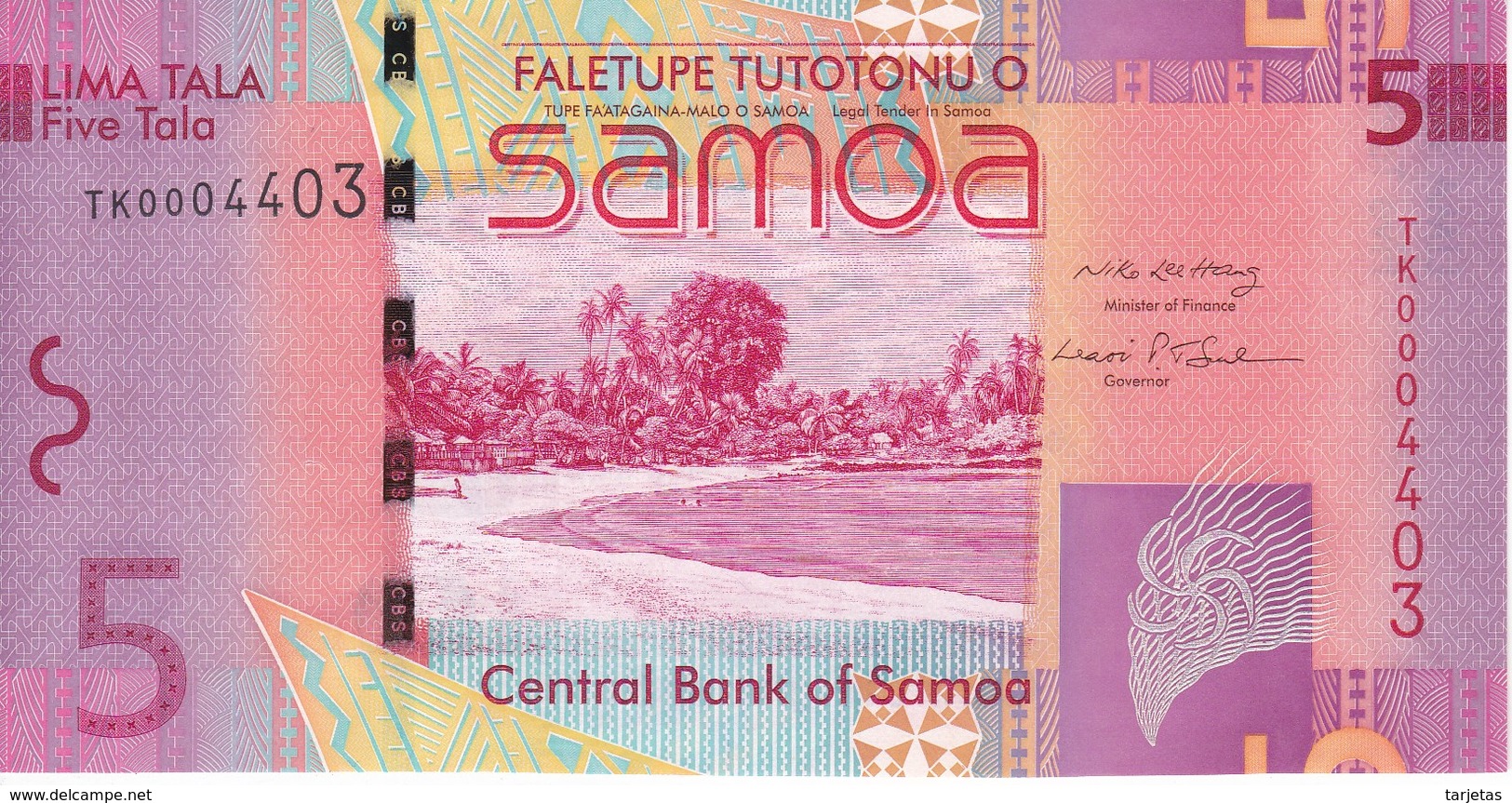 BILLETE DE SAMOA DE 5 TALA DEL AÑO 2008 (BANK NOTE) SIN CIRCULAR-UNCIRCULATED - Samoa