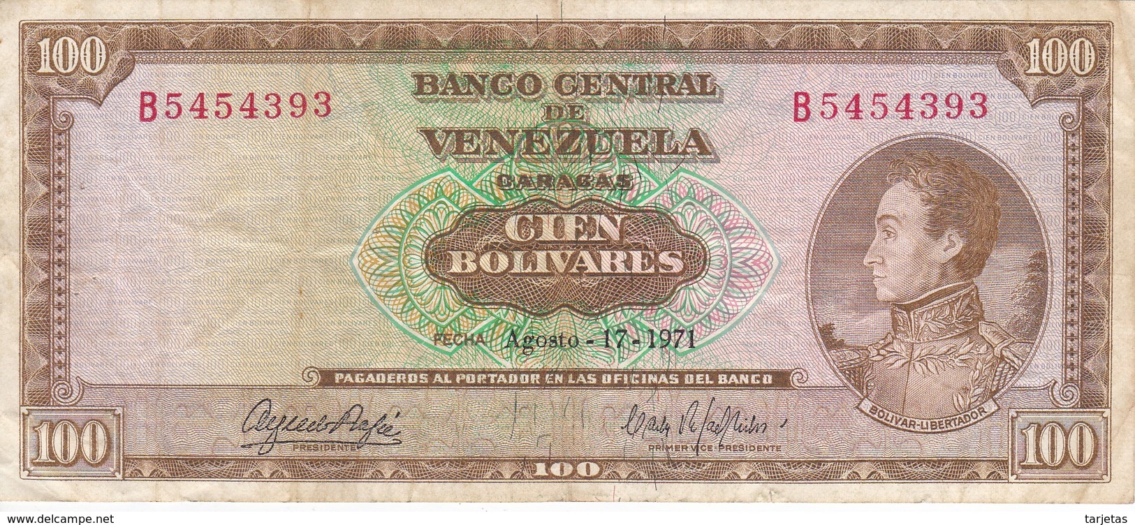 BILLETE DE VENEZUELA DE 100 BOLIVARES DEL AÑO 1971 SERIE B  (BANKNOTE) - Venezuela