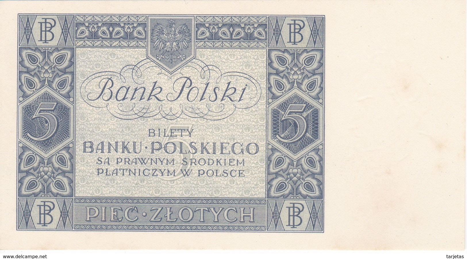 BILLETE DE POLONIA DE 5 ZLOTYCH DEL AÑO 1930 SIN CIRCULAR-UNCIRCULATED (BANKNOTE) - Polonia